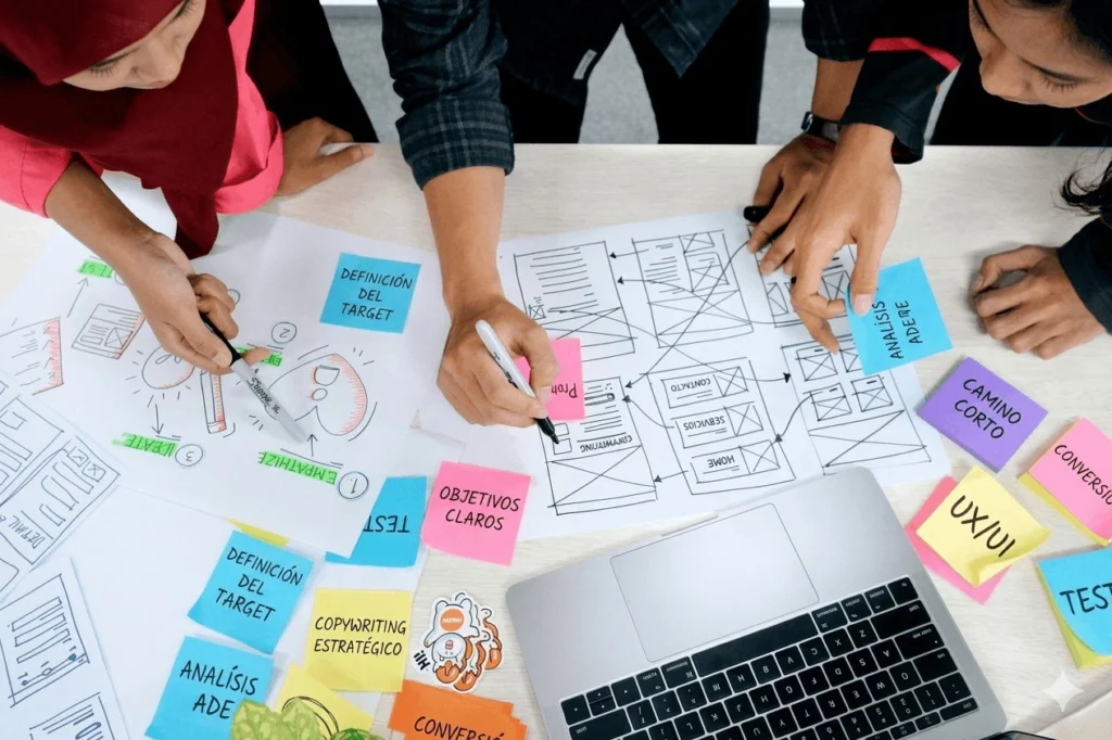Equipo trabajando en el diseño de una web con esquemas, notas de objetivos y análisis para evitar errores de conversión.