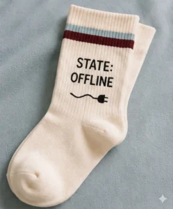 Primer plano de un calcetín de color crema con rayas azul y granate en la parte superior. Incluye el texto "STATE: OFFLINE" y el dibujo de un cable desenchufado.