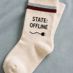 Primer plano de un calcetín de color crema con rayas azul y granate en la parte superior. Incluye el texto "STATE: OFFLINE" y el dibujo de un cable desenchufado.