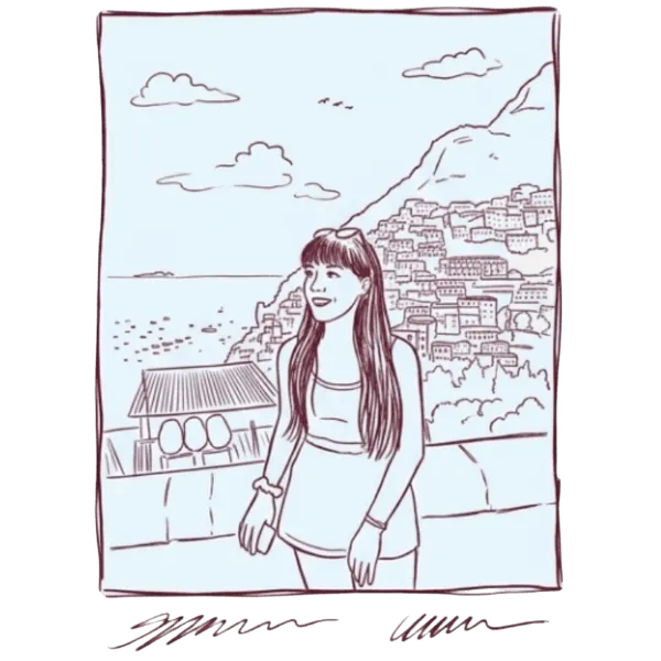 Lourdes Gil en la actualidad: ilustración de pie con vistas a un pueblo costero, representando su etapa profesional presente.