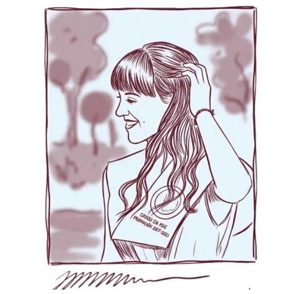 Lourdes Gil durante su etapa de estudios en ADE: ilustración estilizada de perfil en un entorno académico