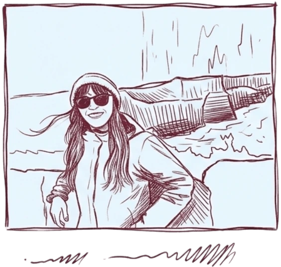 Lourdes Gil en Irlanda: ilustración de estilo boceto con gafas de sol en un paisaje costero ventoso.