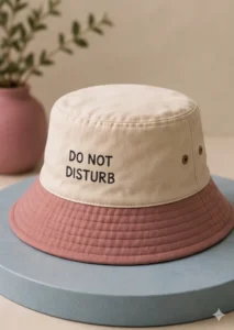 Gorro tipo bucket bicolor con la copa en color crema y el ala rosa. En el frontal tiene bordado el texto "DO NOT DISTURB".