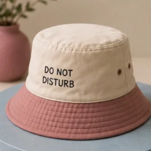 Gorro tipo bucket bicolor con la copa en color crema y el ala rosa. En el frontal tiene bordado el texto "DO NOT DISTURB".