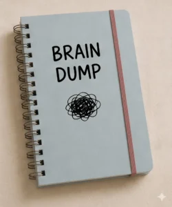Libreta de espiral con tapas de color azul grisáceo y banda elástica rosa. En la portada se lee "BRAIN DUMP" sobre el dibujo de un garabato negro.