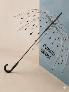 Paraguas transparente abierto con diseño de gotas negras y la frase "CLIMATE DRAMA" impresa en el panel frontal.
