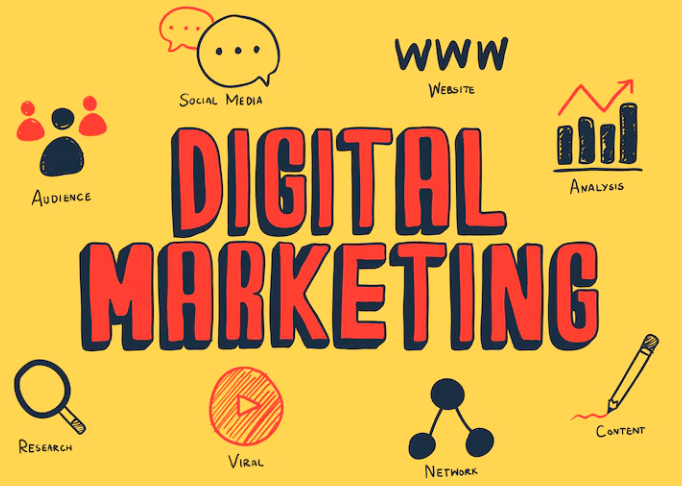 Un boceto conceptual que engloba iconos de redes sociales, tecnología, SEO y estrategia de marketing digital.