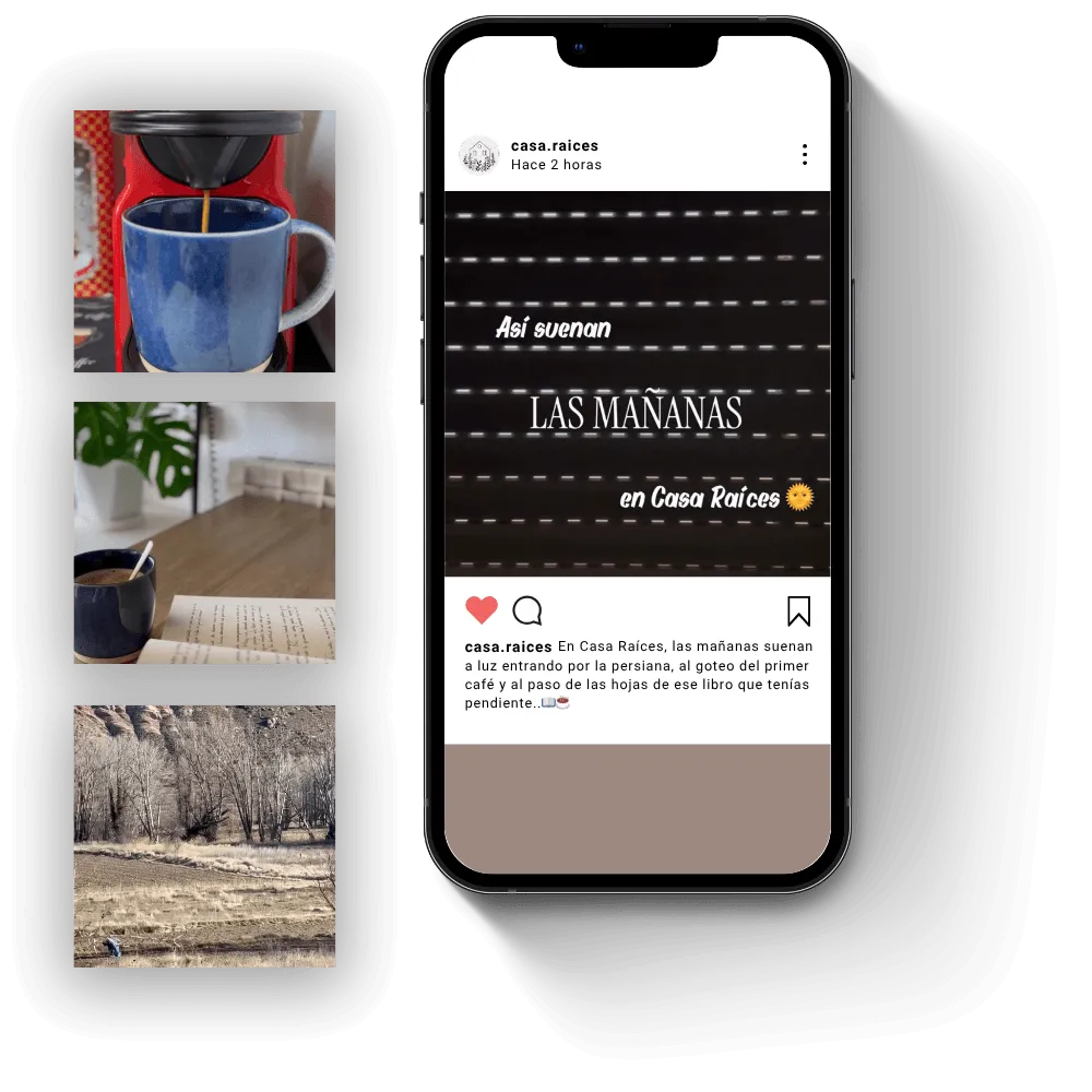 Clips de un Reel para instagram donde aparecen fotos de café, libro y paisaje invernal bajo el título "Así suenan las mañanas".