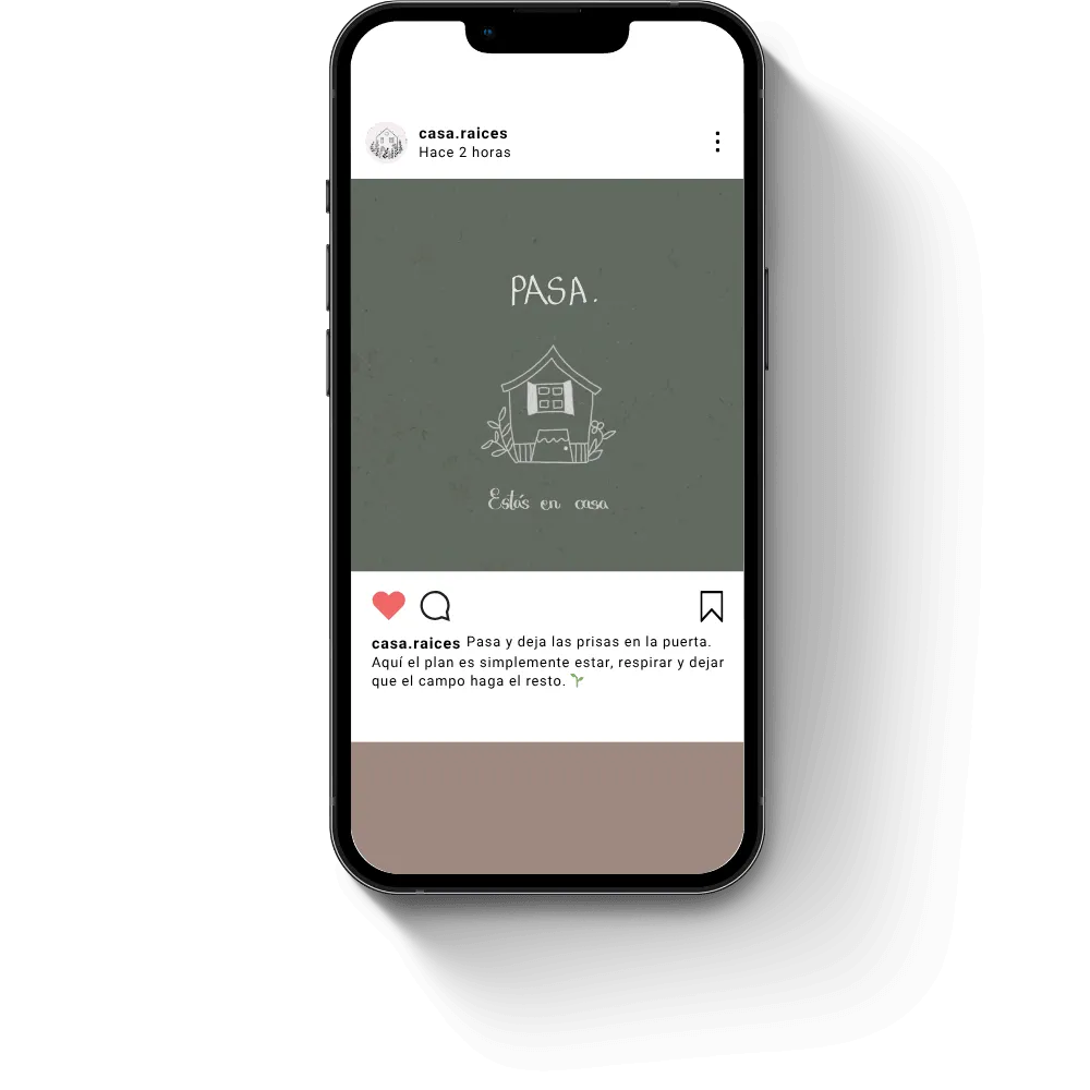 Publicación de Instagram verde oliva con ilustración de casa y mensaje "PASA. Estás en casa".