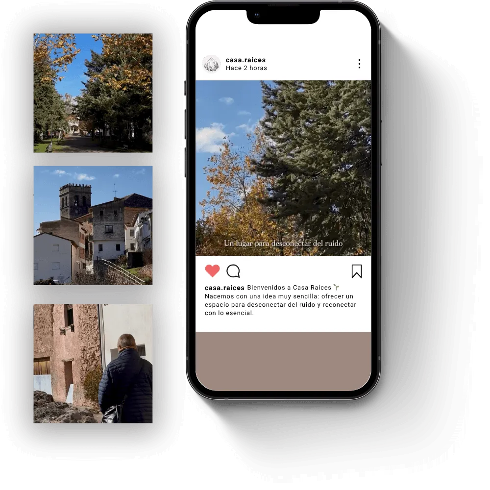 Clips de un Reel de Instagram, con fotos del pueblo y la frase "Desconectar del ruido".