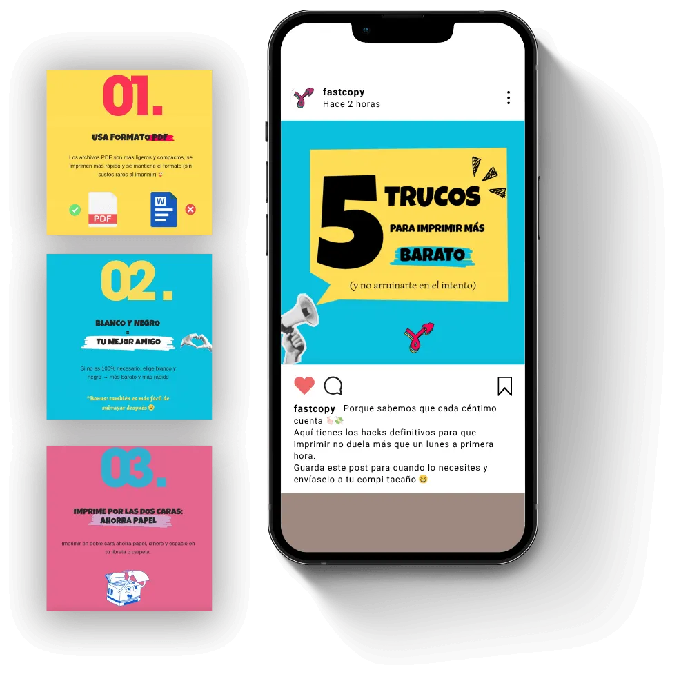 Smartphone con carrusel de "5 trucos para imprimir barato" y consejos de ahorro.