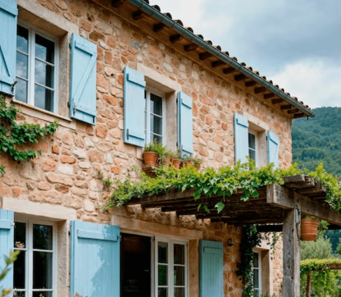 Fachada de una casa rural tranquila rodeada de naturaleza, representando la desconexión y el marketing de contenidos especializado.