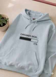 Primer plano de una sudadera con capucha azul claro que muestra un diseño frontal de una barra de carga y el texto "CARGANDO... 15%".