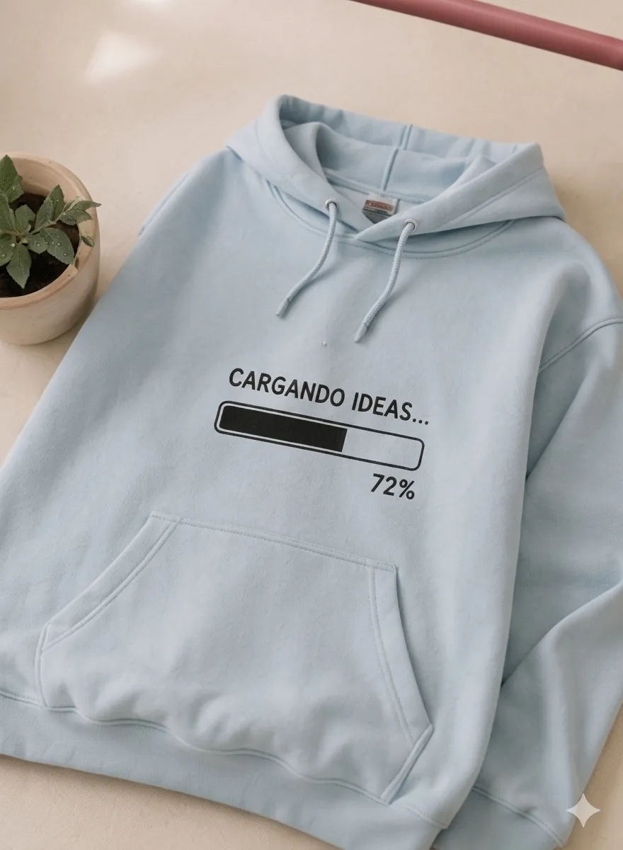 Primer plano de una sudadera con capucha azul claro que muestra un diseño frontal de una barra de carga y el texto "CARGANDO... 15%".