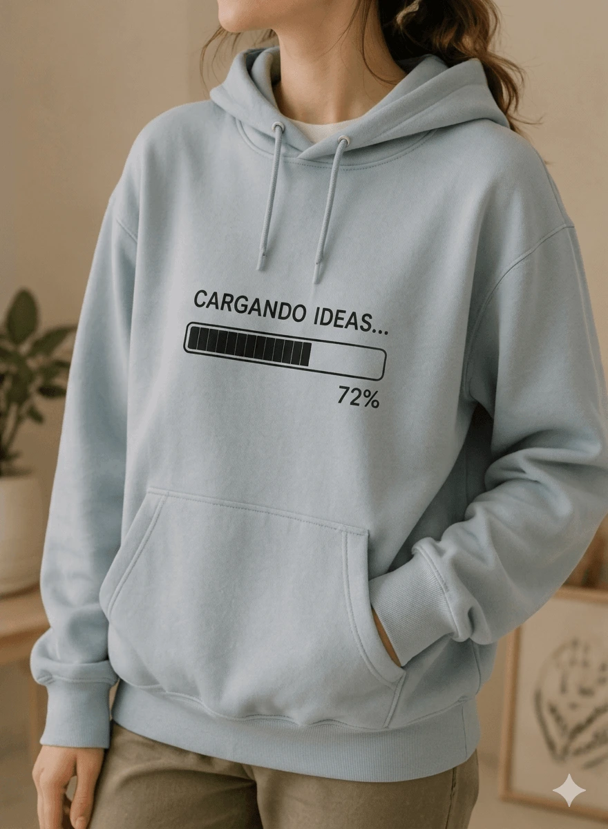 Persona de frente vistiendo la sudadera azul claro con las manos en el bolsillo tipo canguro.