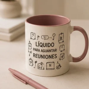 Taza con frase 'Líquido para aguantar reuniones' e iconos de oficina.