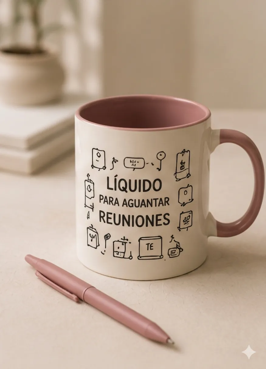 Taza con frase 'Líquido para aguantar reuniones' e iconos de oficina.
