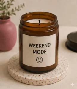 Primer plano de la vela con etiqueta blanca donde se lee "WEEKEND MODE" y un pequeño icono de una cara sonriente.