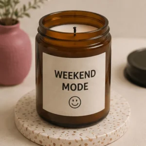 Primer plano de la vela con etiqueta blanca donde se lee "WEEKEND MODE" y un pequeño icono de una cara sonriente.